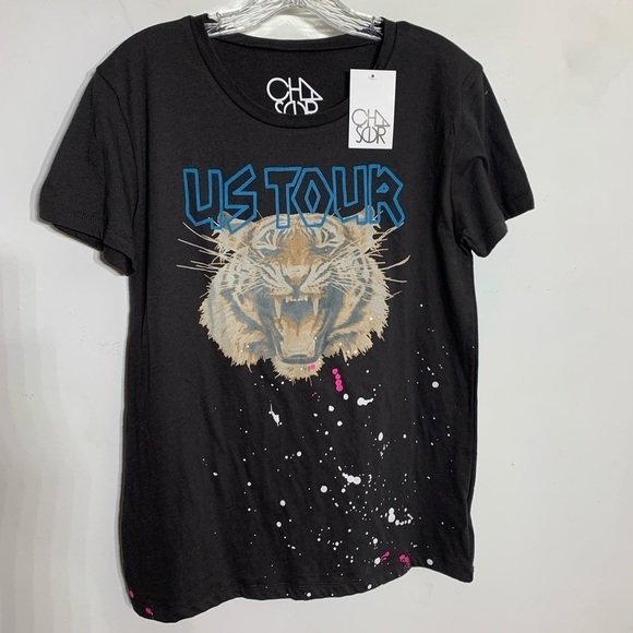 CHASER US tour tiger graphic paint splatter T-shirt short sleeve neon medium new - Picture 3 of 7